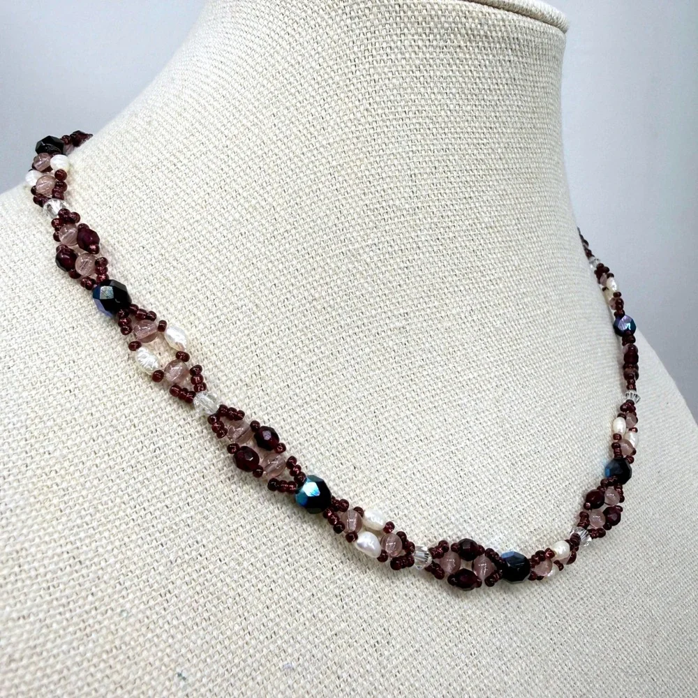 Garnet and Pearl Beaded Necklace Purple‎ Iridescent Glass Whimsigoth Delicate